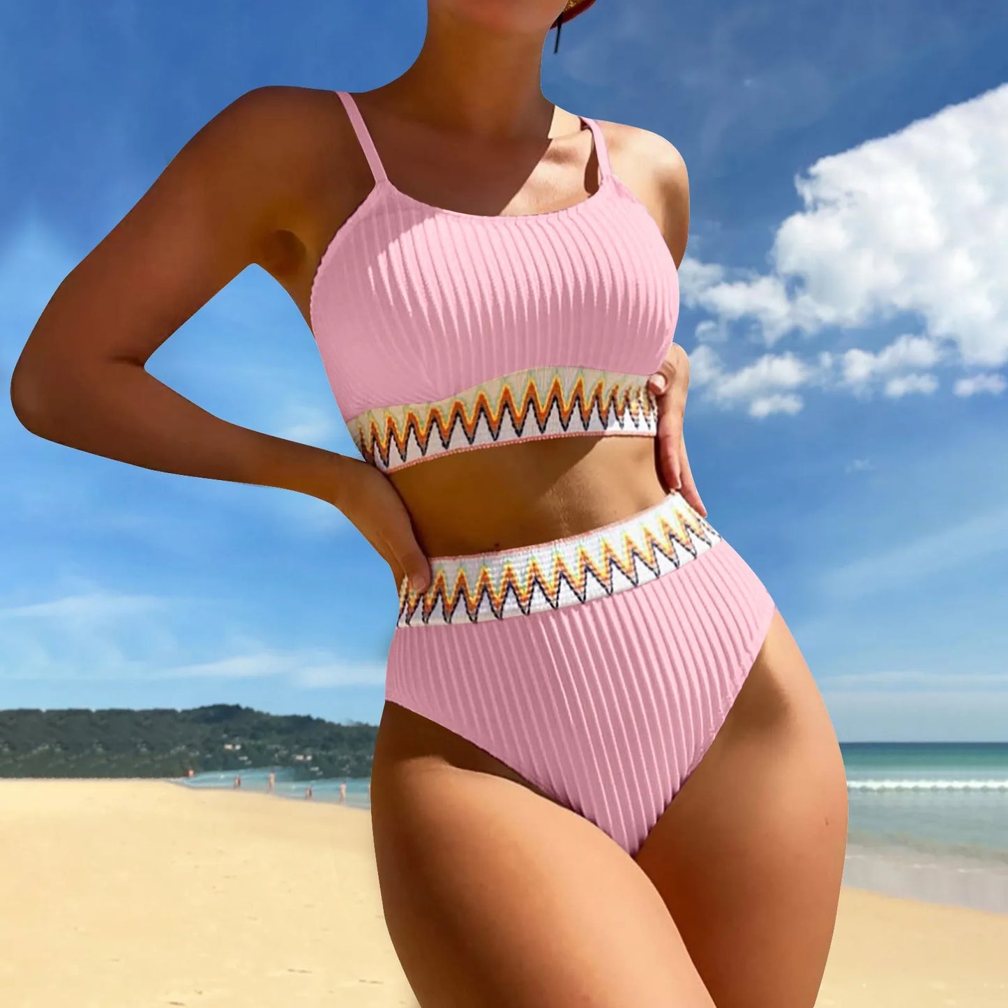 High Waist Color Block V-Neck Bikini Set for Women