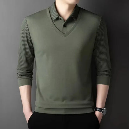 Mens Fake Collar Casual Long Sleeve Pullover Tee - Lapel Polo Sweater