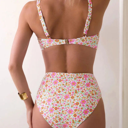 Flower Print High Waist Bikini Set - Girls Two-Piece Swimwear