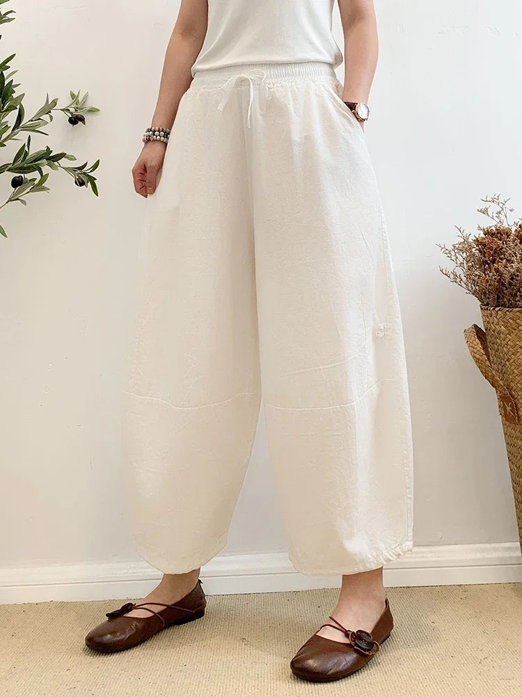 Womens Khaki Oversized Harem Pants - Baggy Cotton Linen Lantern Pants with Pockets for Summer 2023