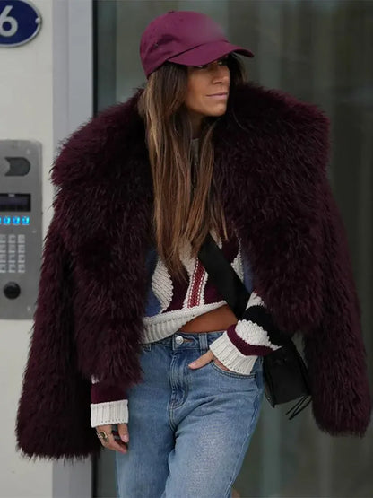 Burgundy Red Faux Fur Lapel Coat