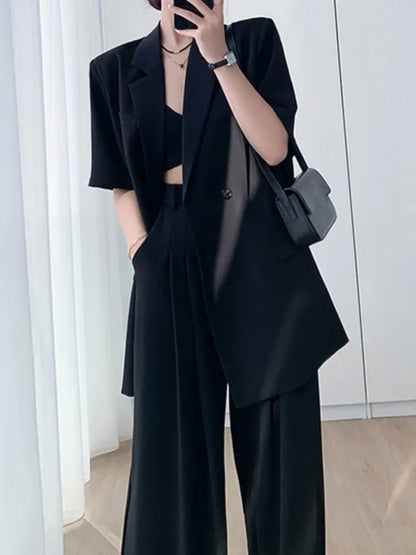 Chic Womens Blazer and Wide Leg Pants Suit Set - Stylish Two-Piece Outfit