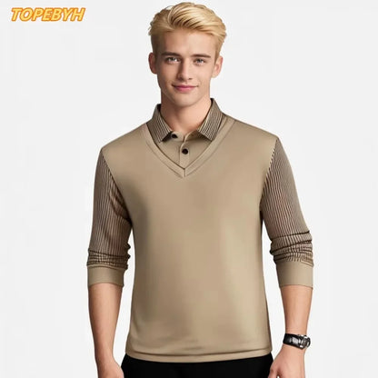 Mens Fake Collar Casual Long Sleeve Pullover Tee - Lapel Polo Sweater