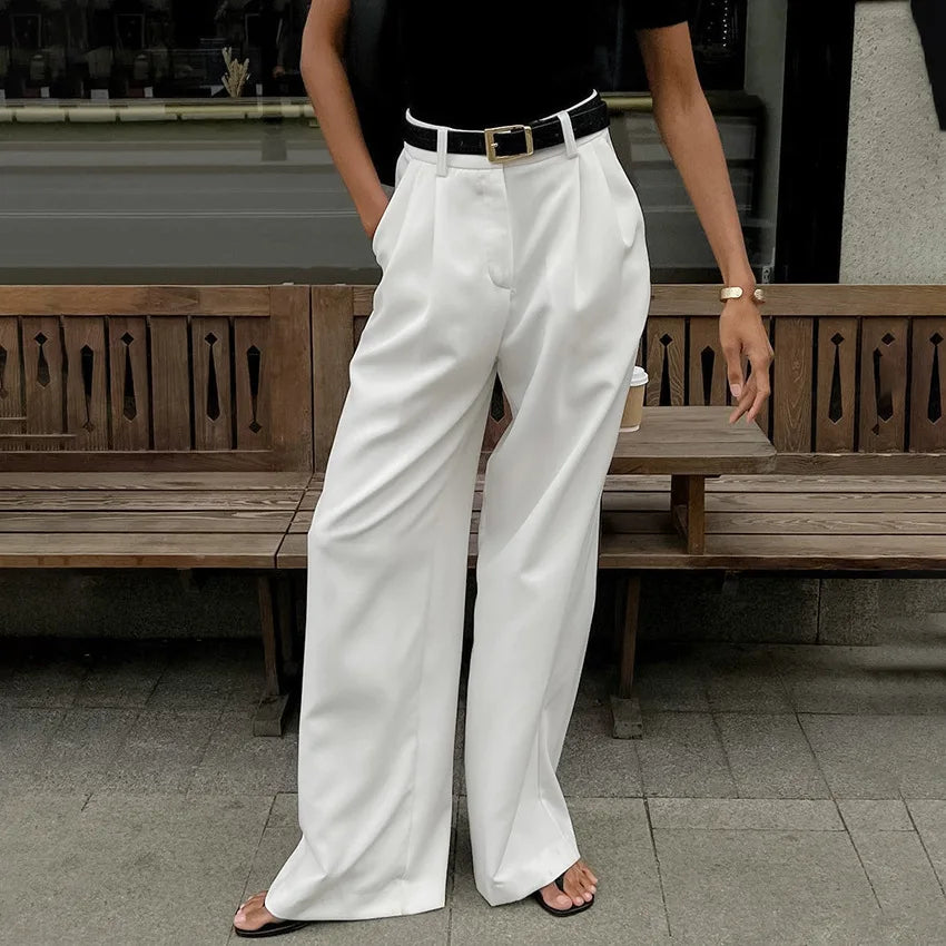 High Waist White Wide Leg Pleated Pants for Women