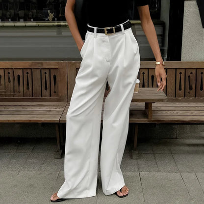 High Waist White Wide Leg Pleated Pants for Women