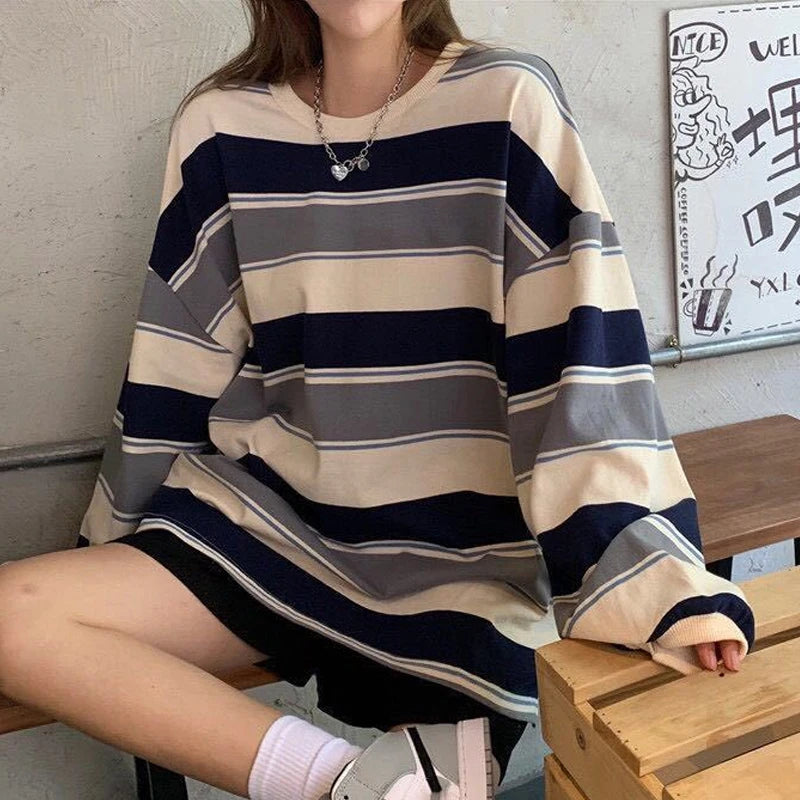 Oversized Striped Hoodie - Womens Harajuku Sweatshirt Korean Streetwear Top