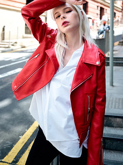 Red Vintage Faux Leather Biker Jacket for Women - Casual Autumn Winter Coat