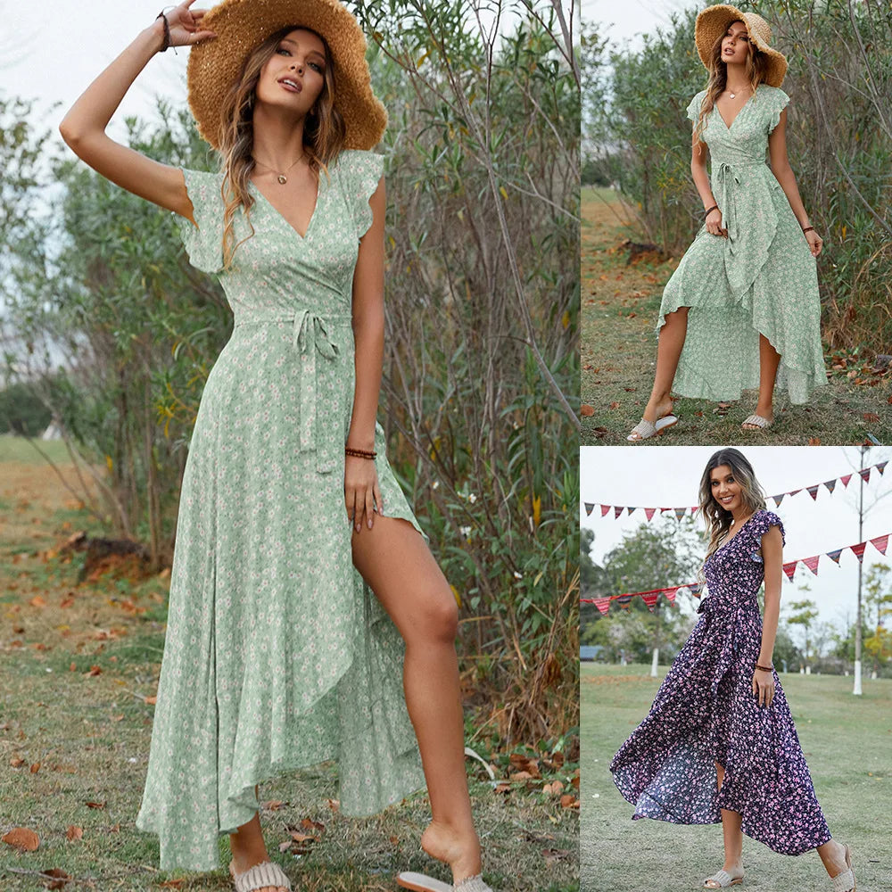 Elegant Bohemian V-Neck Long Dress with Short Sleeves  Perfect Holiday Style for Women