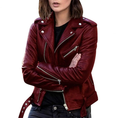 Ladies Faux Leather Moto Jacket - Slim Fit Autumn Biker Outwear