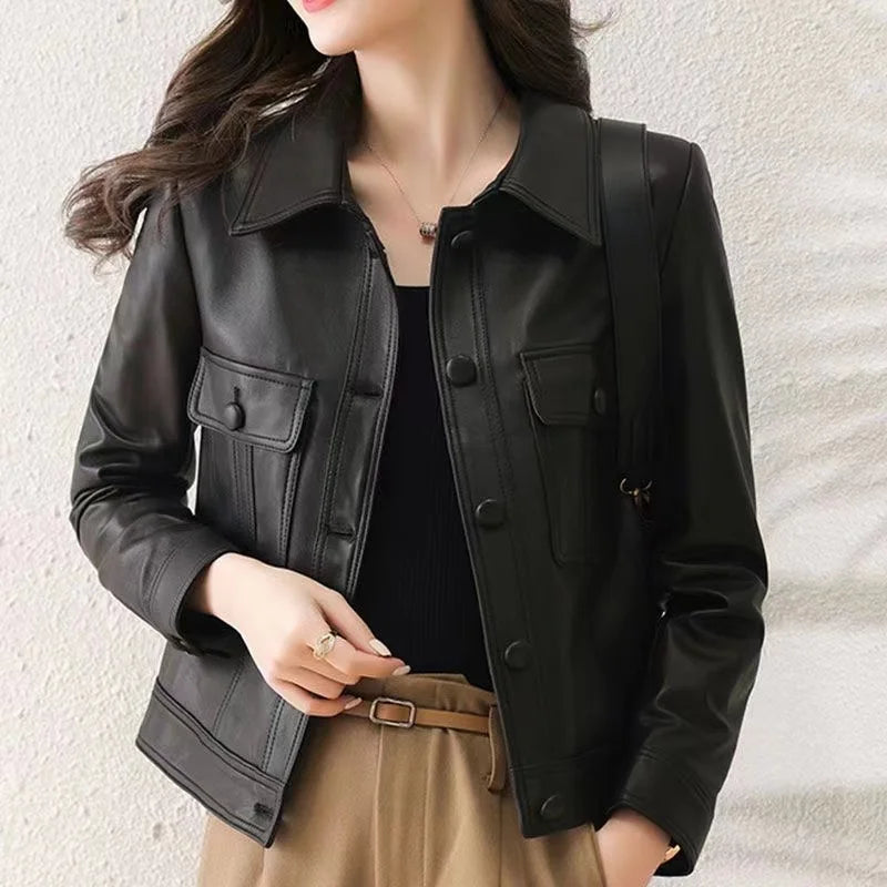 Womens PU Leather Lapel Jacket - Stylish Short Coat for Spring Autumn