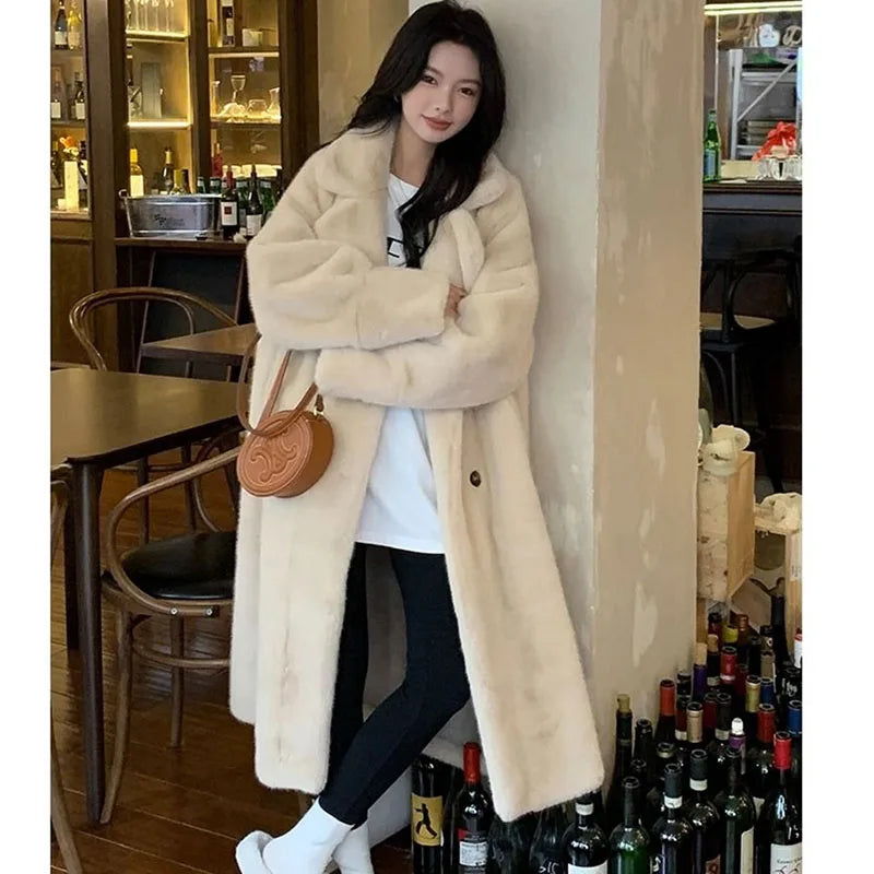 Beige Eco-Friendly Faux Mink Fur Long Thick Coat with Integrated Collar for Women