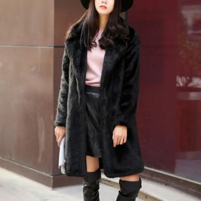 Womens Winter Mink Faux Fur Coat with Turn Down Collar