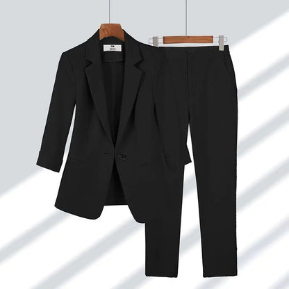 Elegant Womens Two Piece Blazer and Wide Leg Pants Set - Casual Office Outfit