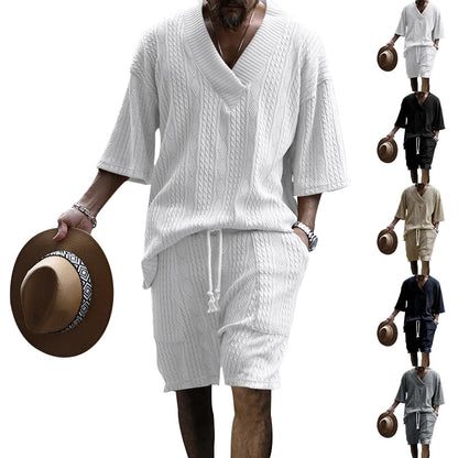 Casual V-Neck Sports Suit - Loose-Fit Cotton Short Set for Men