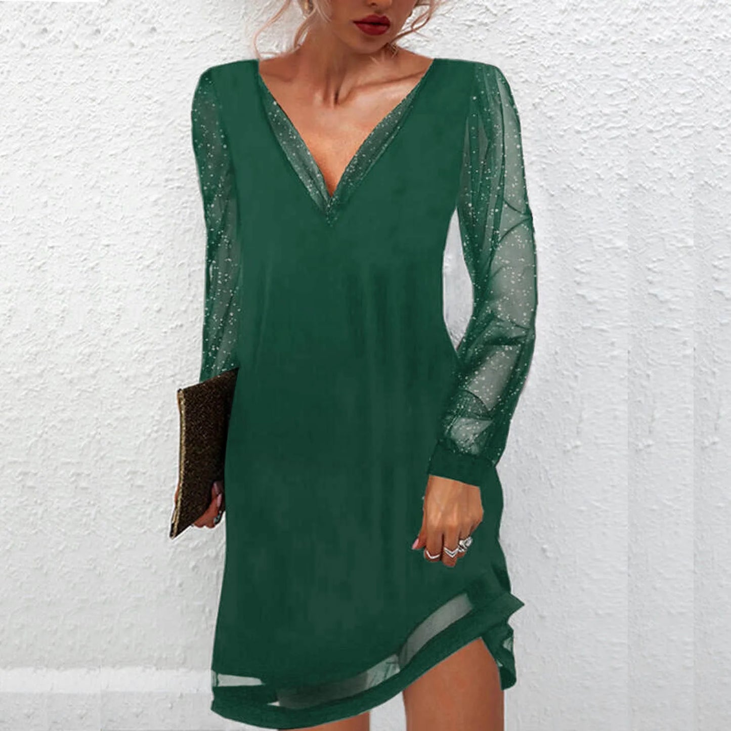 Lace Splice Mini Dress - Womens V-Neck Long Sleeve Pullover