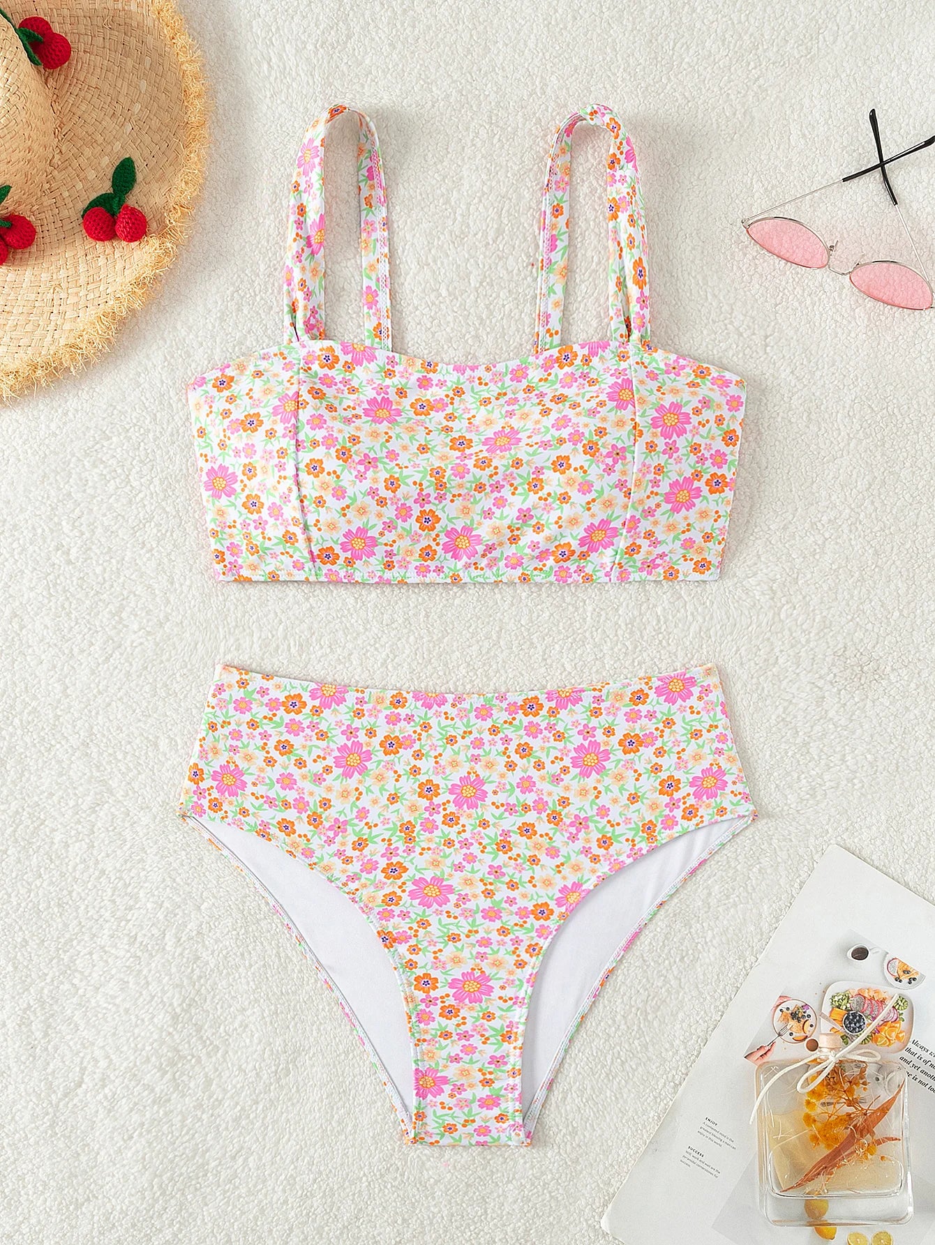 Flower Print High Waist Bikini Set - Girls Two-Piece Swimwear