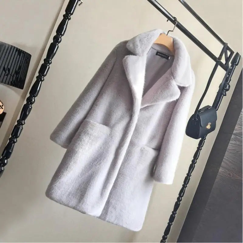 Womens Winter Mink Faux Fur Coat with Turn Down Collar