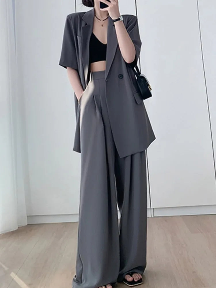 Chic Womens Blazer and Wide Leg Pants Suit Set - Stylish Two-Piece Outfit