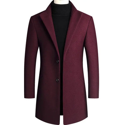 Mens Plus Size Wool Blend Winter Overcoat - Thick Warm Wine Red Topcoat