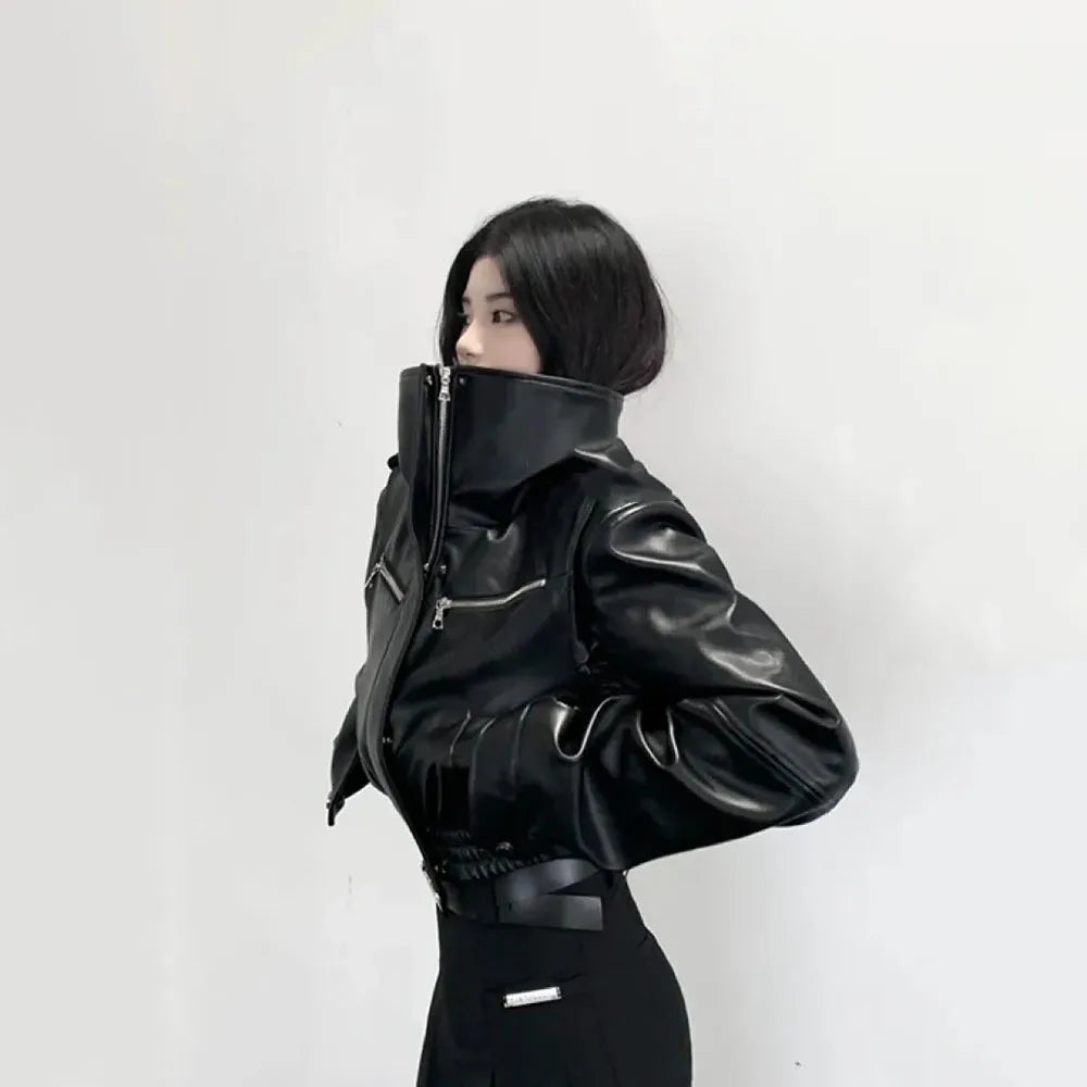 Womens Cropped PU Leather Jacket - Retro Streetwear for Spring  Autumn