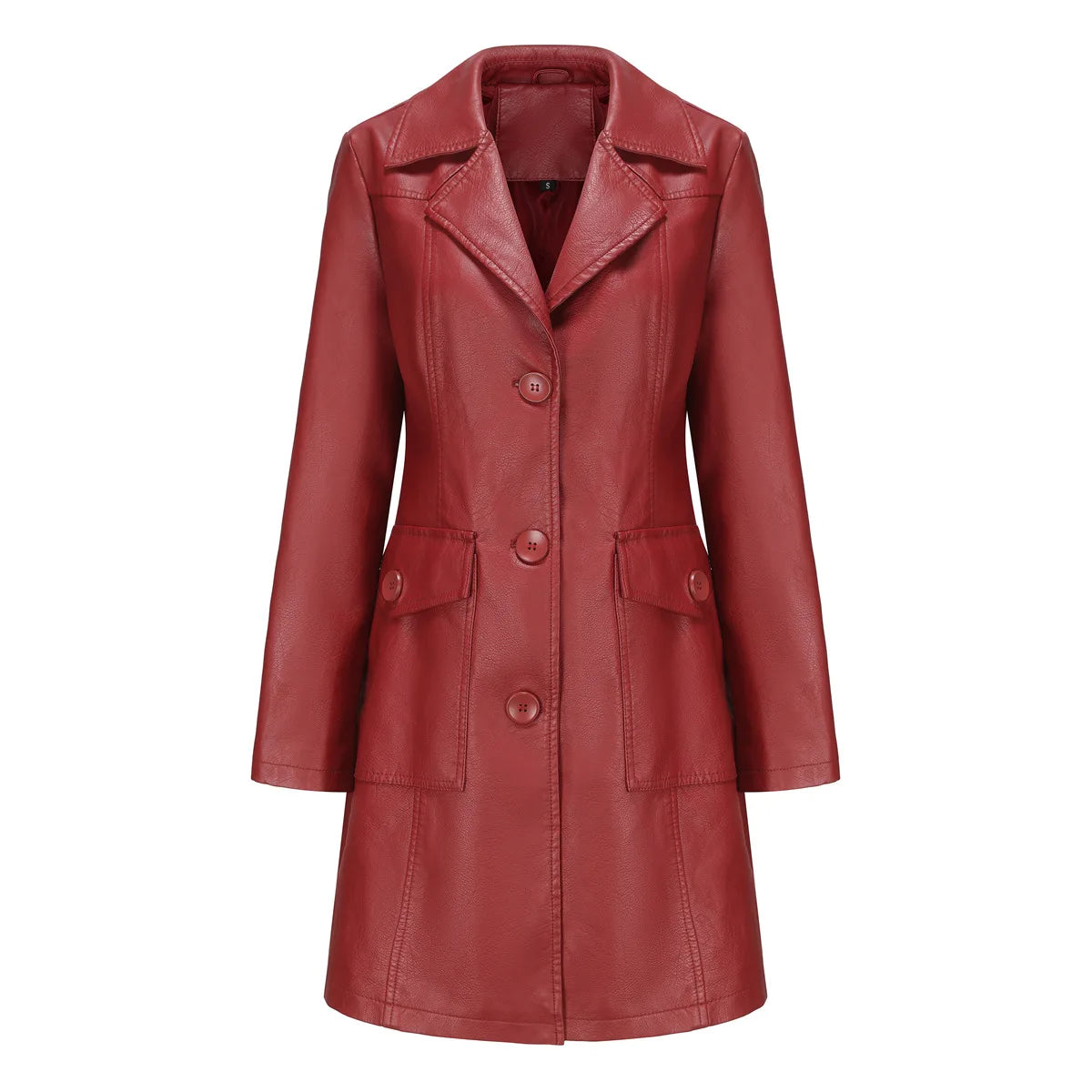 Red PU Leather Long Waist Windbreaker Jacket for Women