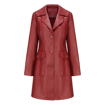 Red PU Leather Long Waist Windbreaker Jacket for Women