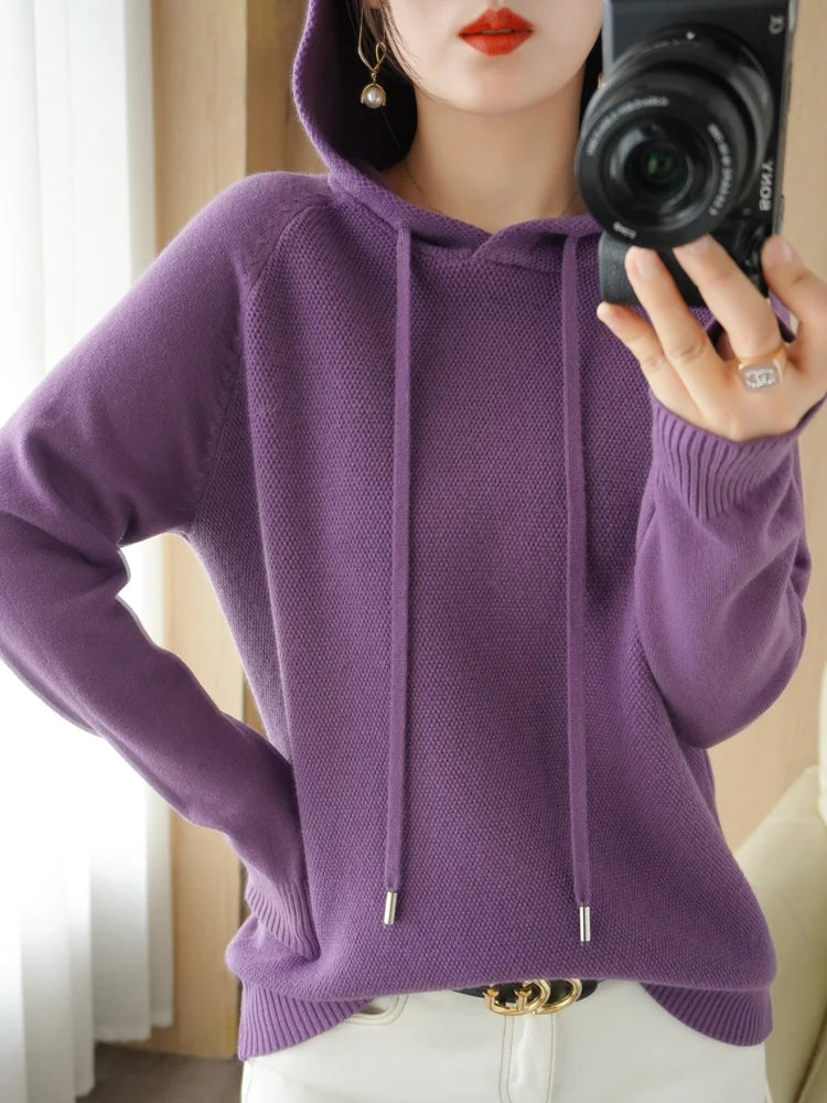 Womens Merino Wool Long Sleeve Hoodies - Stylish Knitted Sweatshirts