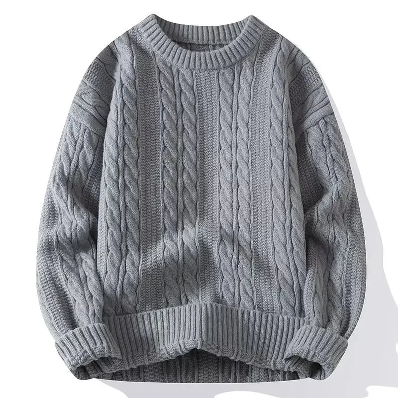 Mens Loose-Fit Round Neck Sweater - Solid Color Knitwear for Autumn Casual Wear