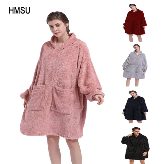 Oversized Plaid Hoodie Blanket Sweatshirt - Fleece Hoody with Sleeves and Pocket for Women