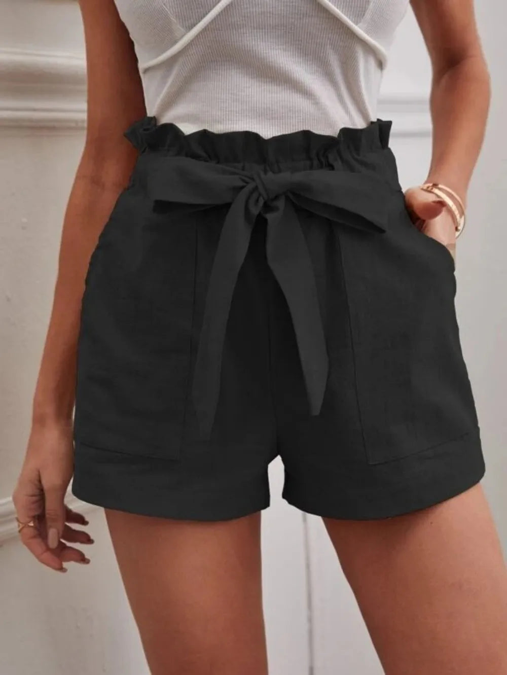 High-Waisted Linen Shorts for Women - Casual Wide Leg with Pockets