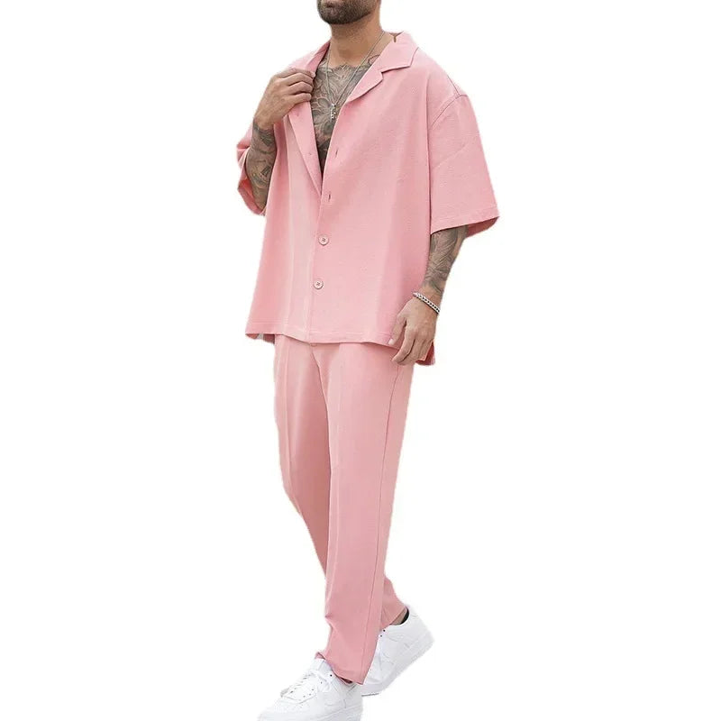 Mens Pink Summer Two-Piece Sweatshirt  Pants Set - Large Size