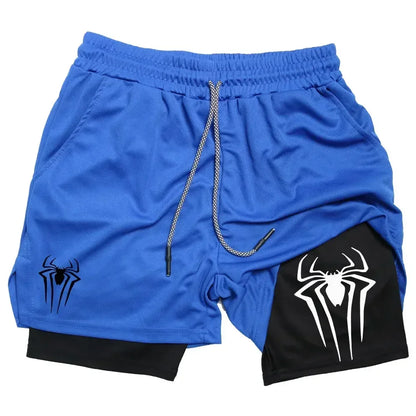 Mens Y2K Spider Print Compression Shorts - 5-Inch Quick-Dry Gym Training Shorts with Pockets Breathable 2-in-1 Design