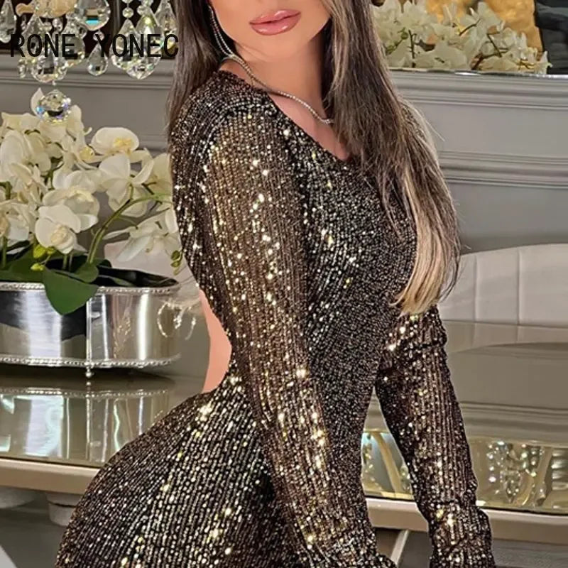 Backless Sequin Mini Bodycon Dress - Long Sleeve Party Dress for Women