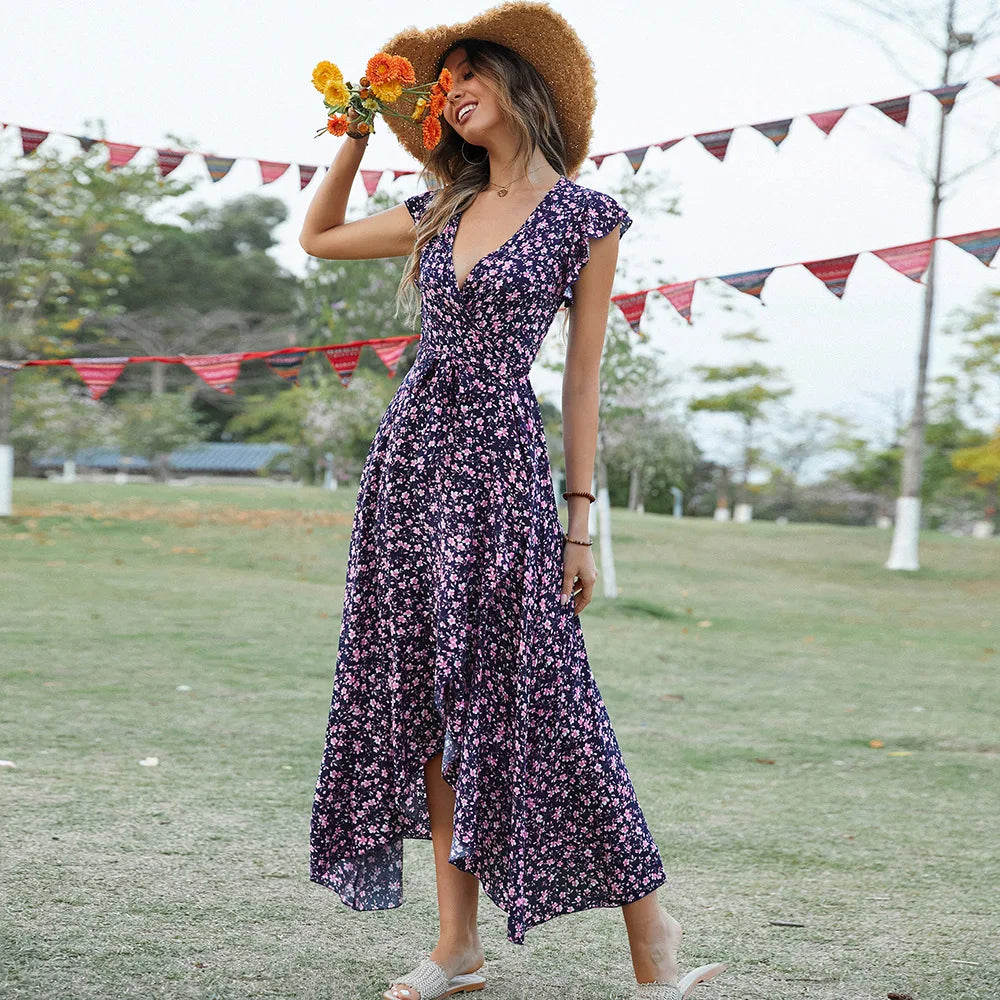 Elegant Bohemian V-Neck Long Dress with Short Sleeves  Perfect Holiday Style for Women