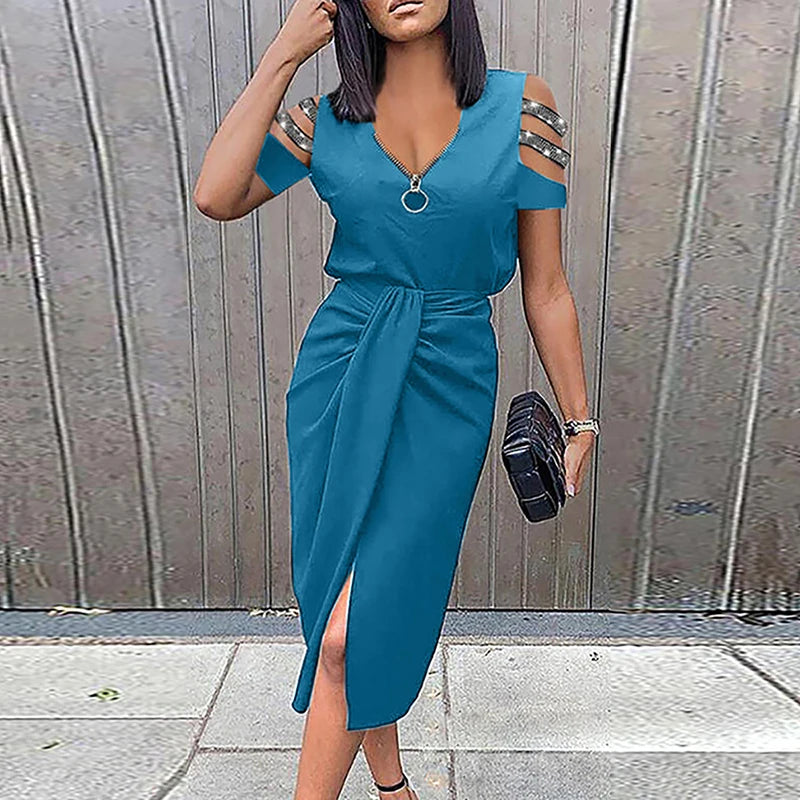 Elegant Womens V-Neck Zipper Dress - Slim Fit Short Sleeve Party Dress