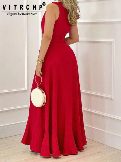 Elegant Sleeveless V-Neck Pleated Dress - Summer Evening Party Prom Wear