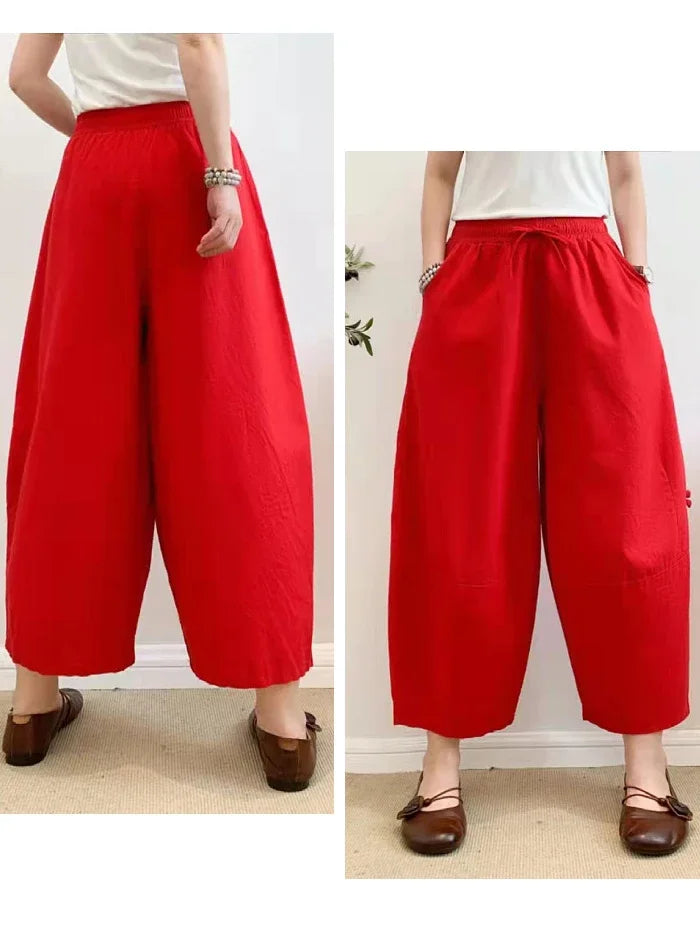 Womens Khaki Oversized Harem Pants - Baggy Cotton Linen Lantern Pants with Pockets for Summer 2023