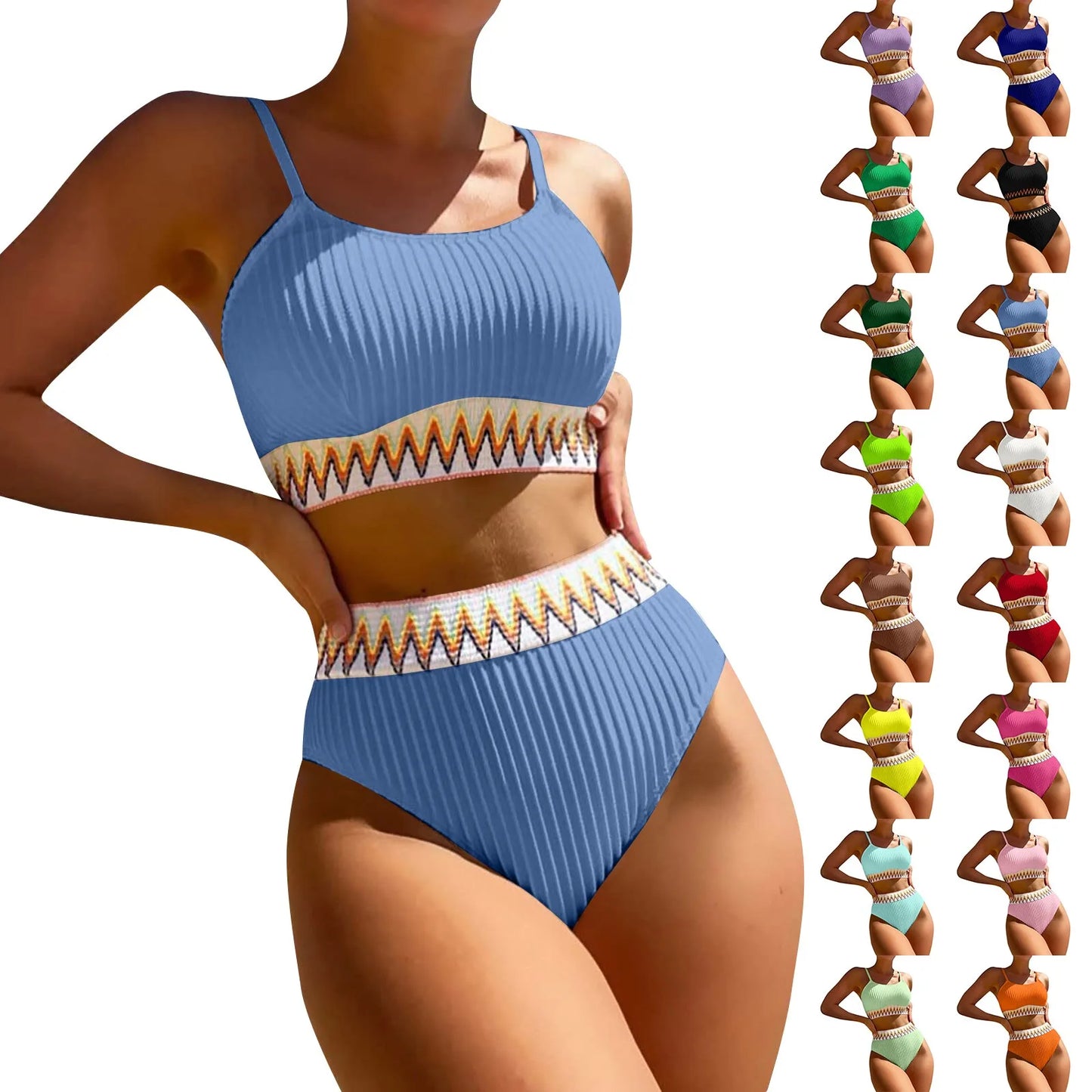 High Waist Color Block V-Neck Bikini Set for Women