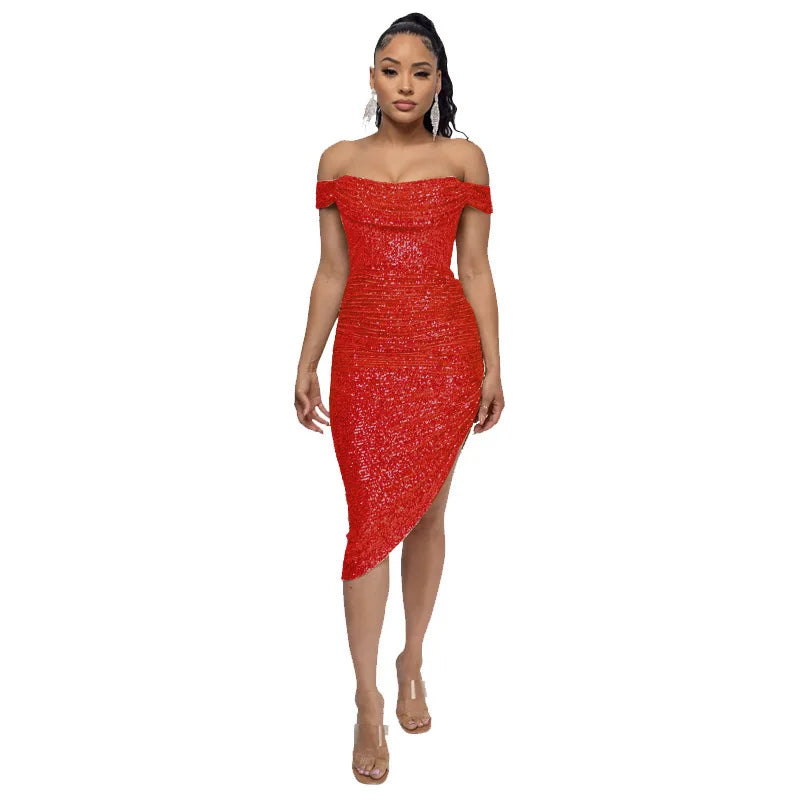 Off-Shoulder Sequin Bodycon Dress - Stylish Knee Length Party Dress