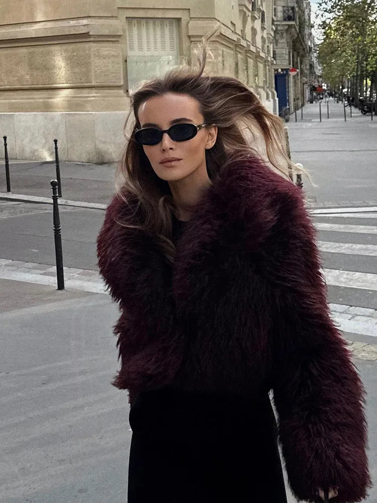 Womens Warm Long Sleeve Faux Fur Coat with Elegant Turn Down Collar