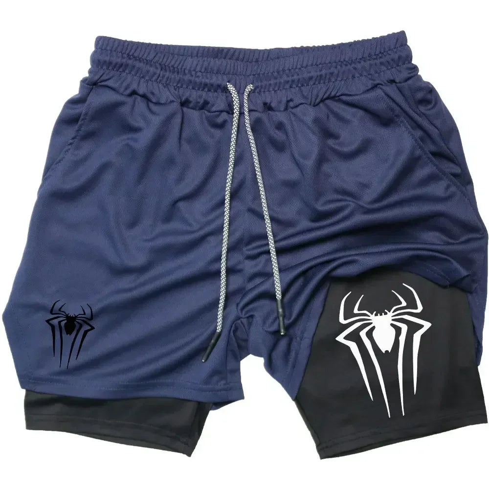 Mens Y2K Spider Print Compression Shorts - 5-Inch Quick-Dry Gym Training Shorts with Pockets Breathable 2-in-1 Design