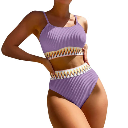 High Waist Color Block V-Neck Bikini Set for Women