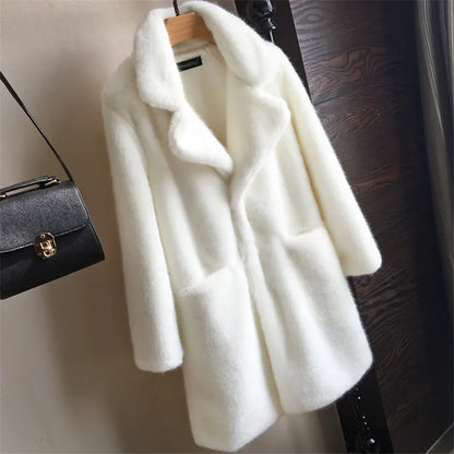 Womens Winter Mink Faux Fur Coat with Turn Down Collar