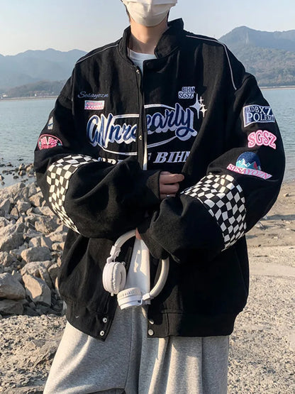 Embroidered Plaid Bomber Jacket - Unisex Y2K Hip Hop Streetwear for Autumn