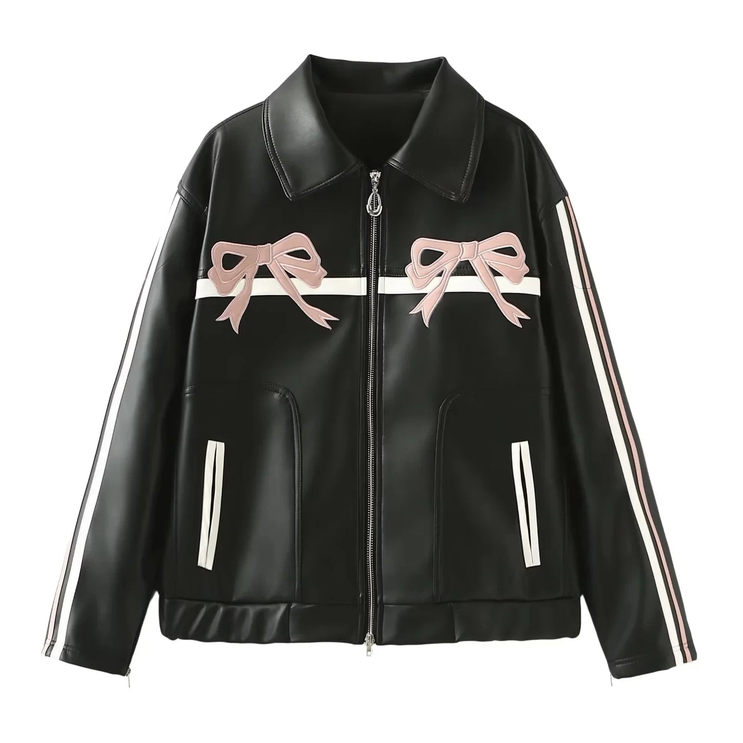 Womens Pink Bow Leather Motorcycle Jacket with Zipper - Stylish Black Faux Leather Coat