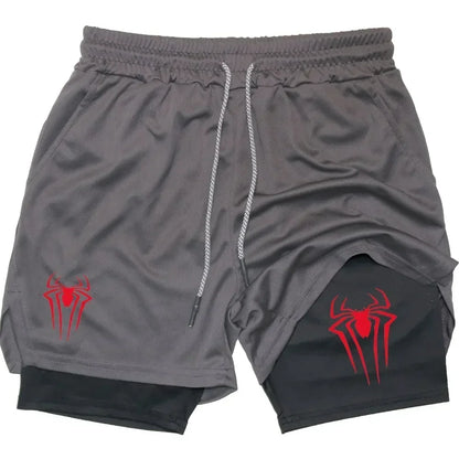 Mens Y2K Spider Print Compression Shorts - 5-Inch Quick-Dry Gym Training Shorts with Pockets Breathable 2-in-1 Design