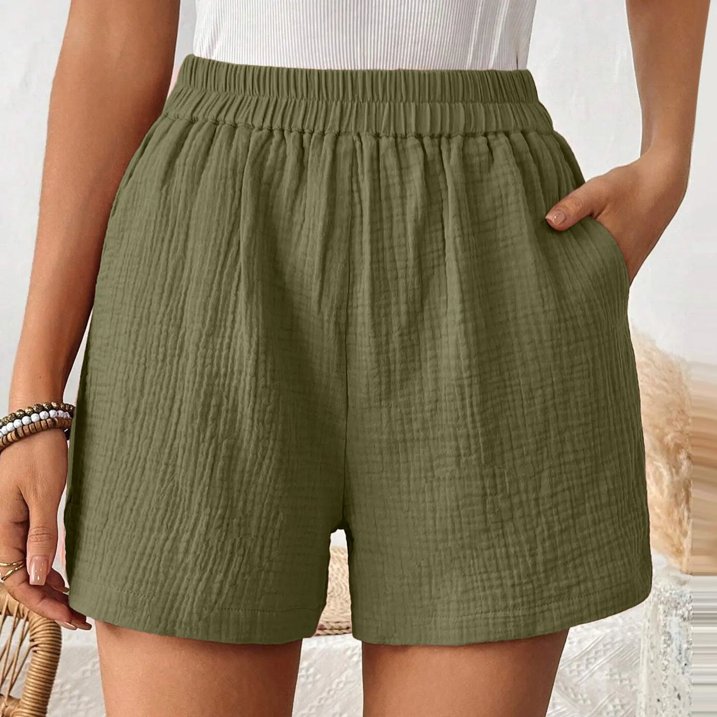 High Waist Cotton Pleated Shorts - Casual Womens Streetwear 2024