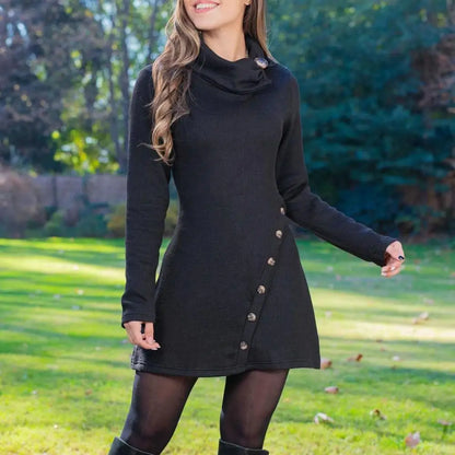 Womens High Waist Long Sleeve Mini Dress with Piled Collar - Solid Color Autumn Winter Streetwear