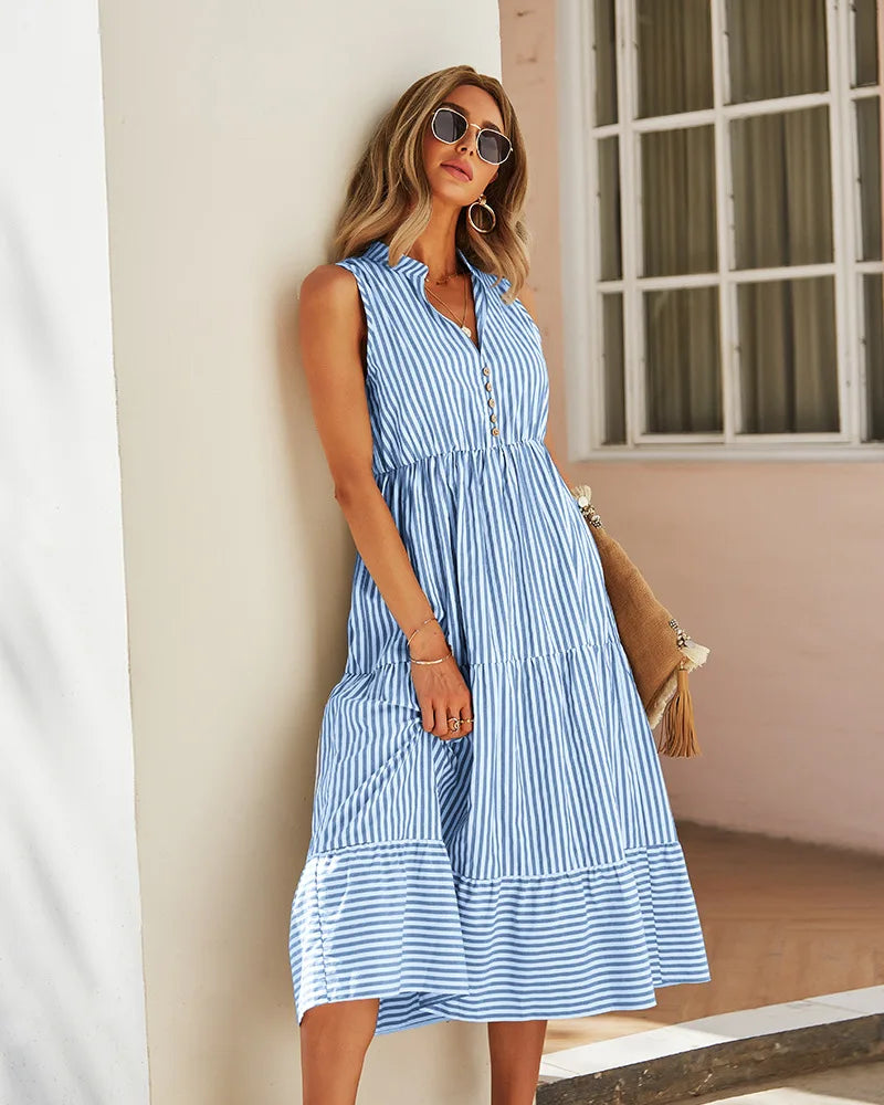 Sleeveless Striped V-Neck Dress for Women