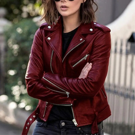 Ladies Faux Leather Moto Jacket - Slim Fit Autumn Biker Outwear